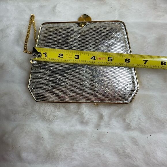 Sondra Roberts gold metallic faux snake skin box clutch with shoulder st… - Picture 5 of 9